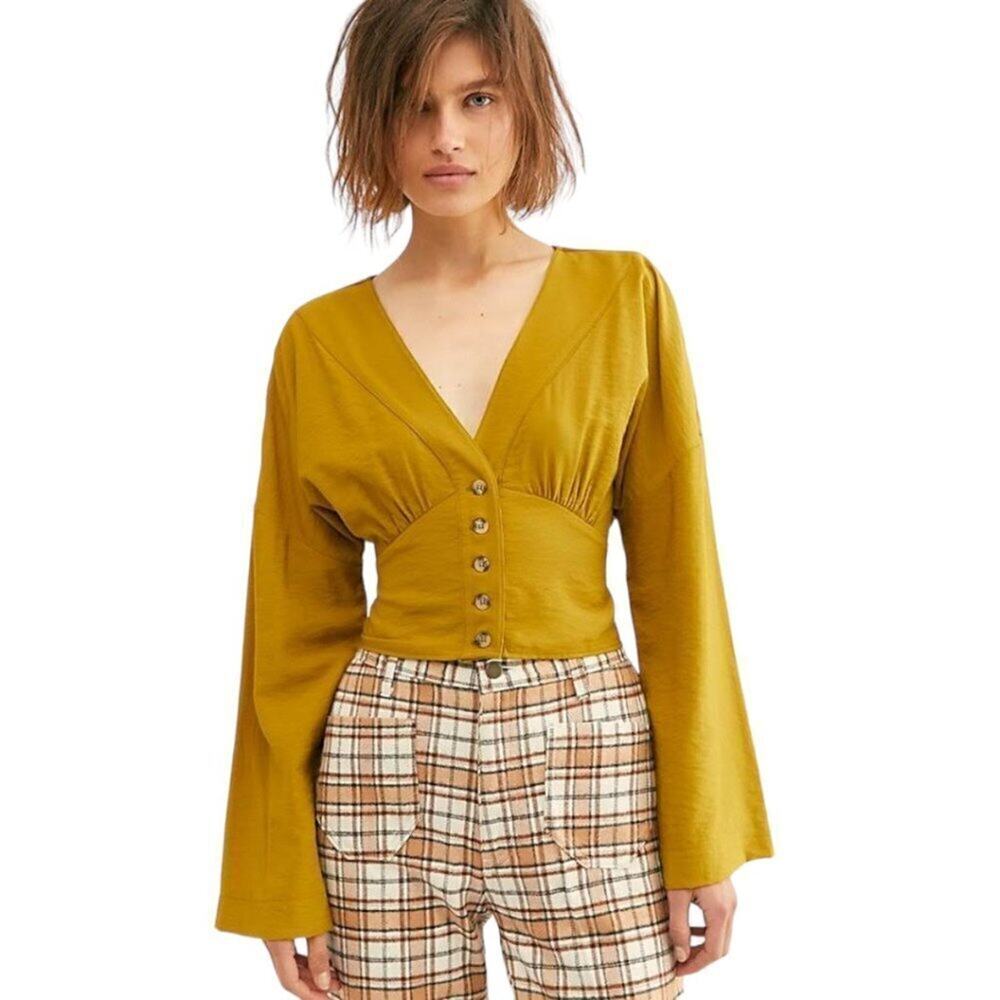 Free People Mustard Yellow Long Sleeve Smocked Forever Yours Cropped Top Size S